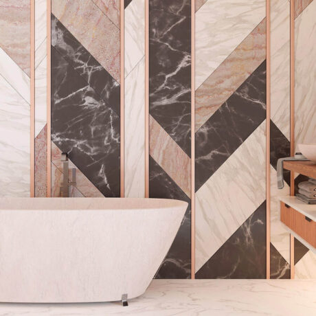 miedziane listwy dekoracyjne w łazience z wanną